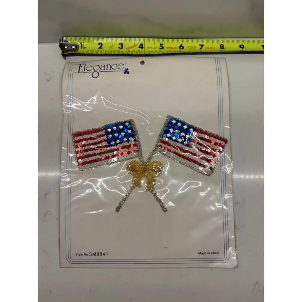 Elegance Vintage New Double American Flag Sequin Appliqué patches - lot of 6